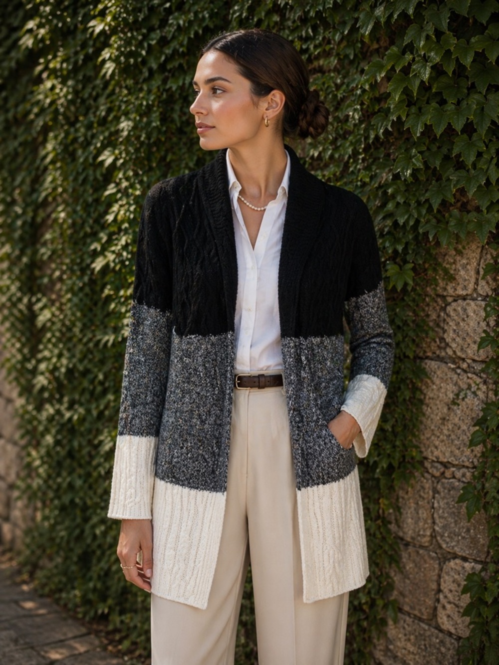 NEIMAN MARCUS Quiet Luxury Black and Gray Cabled Ombre Cardigan Sweater, S